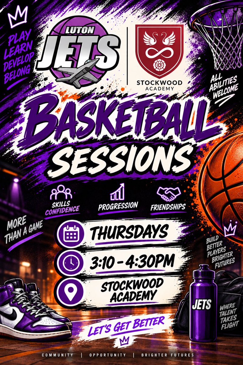 LutonJets's tweet photo. 🏀 Basketball Thursdays at Stockwood Academy!
Build skills, confidence &amp; friendships with Luton Jets. 💜✈️

📅 Thursdays | ⏰ 3:10–4:30PM
#LutonJets #Basketball 🏀 https://t.co/glEXcHwzFh