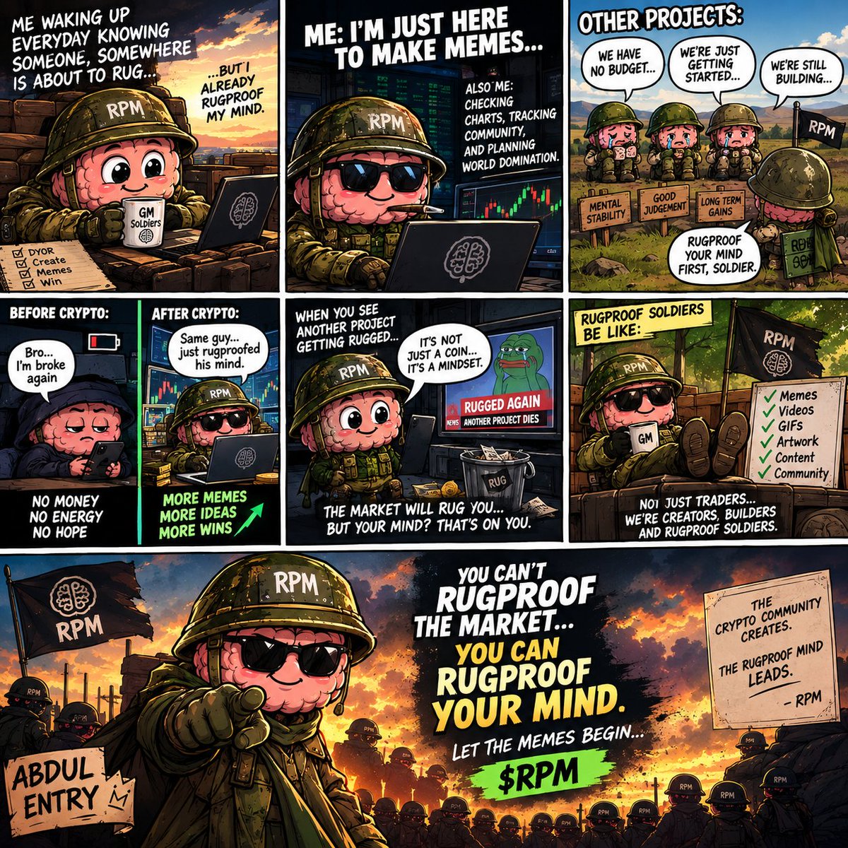 abdulwebweb's tweet photo. 🪖 SOLDIER REPORT: ABDUL ENTRY

They said rugproof the market.
I said: first, rugproof the mind. 😂🧠

Mission: create. Meme. Survive. Repeat.
$RPM — Let the memes begin. 🚀

#RUGPROOFMIND #RPM https://t.co/t3BZpN8DgP