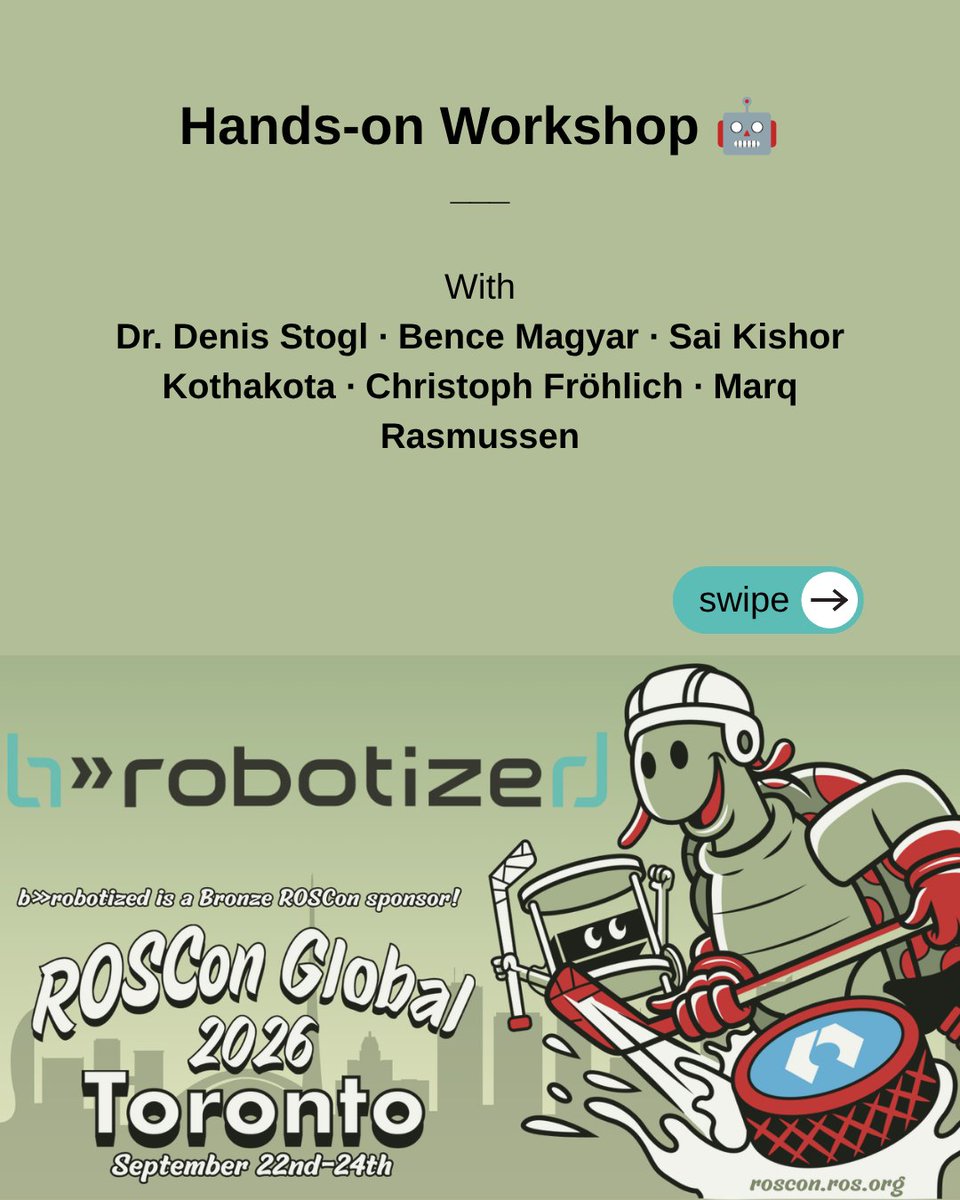 brobotized's tweet photo. Ready to scale ros2_control? 🤖⚙️
Join this hands-on workshop at ROSCon Global 2026 and explore asynchronous hardware interfaces, RL policy deployment and production-ready real-time control.
📅 September 22 | 1–5 PM
📍 Dominion S
See you in Toronto! 🇨🇦
#ROSCon #ROS2 #ros2control https://t.co/QF9bJoFfKU