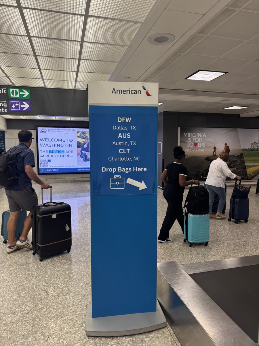 theajayjain's tweet photo. I wonder when @AmericanAir will update their bag drop sign after immigration at @Dulles_Airport. AUS hasn’t been a route in a while and LAX is coming online in a couple weeks https://t.co/n2xjGRaqei
