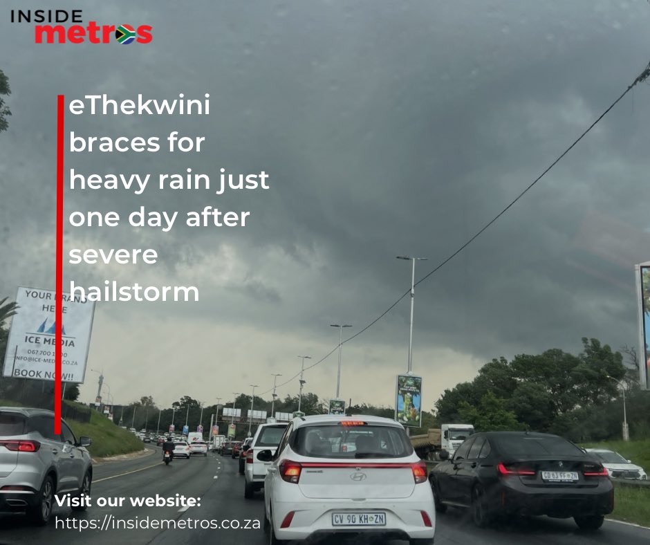 insidemetrosza's tweet photo. WEATHER 🔔 eThekwini on high alert 🌧️
eThekwini Municipality has placed its emergency services on high alert for two days of potentially disruptive rain.
Read more on https://t.co/U4PvjYcp86
#insidemetro #southafricannews #EThekwiniMunicipality #SEVEREHAİLSTORM #SevereWeather https://t.co/fyRaGbs4C6
