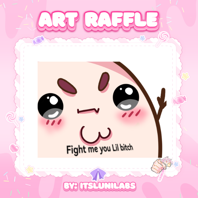 lunitooony's tweet photo. 🍬 ❗️ART RAFFLE TIME!!❗️🍬

There will be 2 winners! Each winner will get:

♡ A “FIGHT ME LIL BISH” emote
♡ and A SMOOCH ON THE CHEEK 💋

To enter:

♡ Like + RT
♡ Follow meh!: @lunitooony 
♡ Follow my art account: @ItsLuniLabs 
♡ Reply with your OC / character below! 🫵✨

Ends in 72 hours! ⏰
GOOD LUCK EVERYONE!! 🩷
May the goobiest OC win >:3