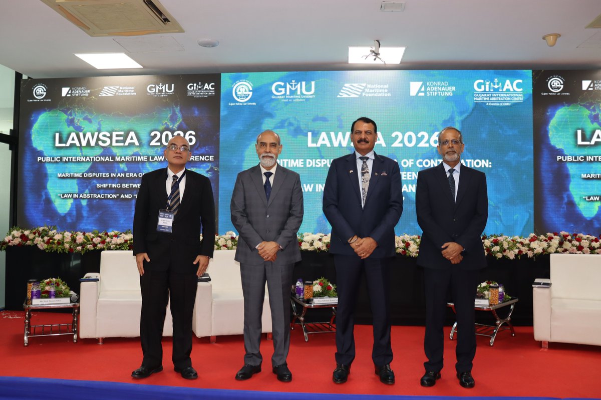 nmfindia's tweet photo. Professional Session One of #LAWSEA2026 concluded with a Felicitation Ceremony, with Admiral Dinesh Kumar Tripathi, PVSM, AVSM, NM, IN (Retd), Chairman, NMF and former Chief of the Naval Staff, felicitating the speakers and moderator of the session — Vice Admiral Tarun Sobti (Retd), Dr Maria Gavouneli, Mr Neil Simon Silva, and Captain Himadri Das, IN. A fitting close to a session that examined UNCLOS under pressure, forty years on.

#LAWSEA2026 #UNCLOS #NationalMaritimeFoundation