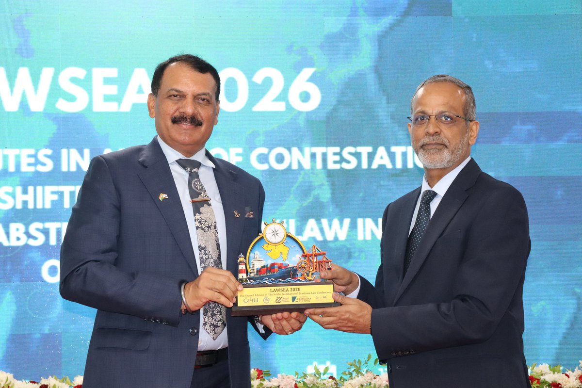 nmfindia's tweet photo. Professional Session One of #LAWSEA2026 concluded with a Felicitation Ceremony, with Admiral Dinesh Kumar Tripathi, PVSM, AVSM, NM, IN (Retd), Chairman, NMF and former Chief of the Naval Staff, felicitating the speakers and moderator of the session — Vice Admiral Tarun Sobti (Retd), Dr Maria Gavouneli, Mr Neil Simon Silva, and Captain Himadri Das, IN. A fitting close to a session that examined UNCLOS under pressure, forty years on.

#LAWSEA2026 #UNCLOS #NationalMaritimeFoundation