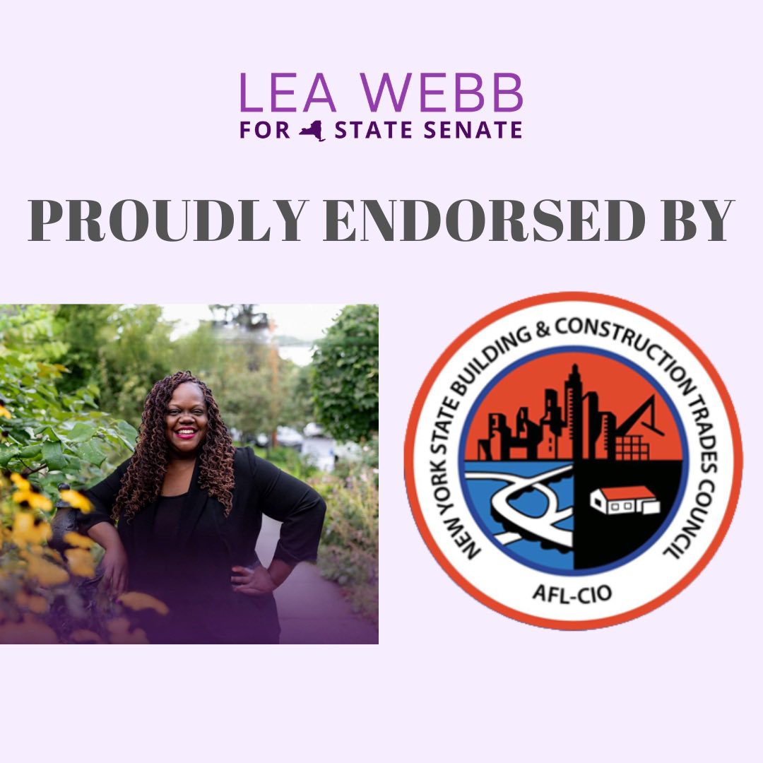 leawebbforny's tweet photo. It is an honor to earn the support of the hard working men and women of the @NYSBCTC. As the daughter of two union members and a proud union member myself, I will always be a champion for workers and a strong advocate for issues that prioritize working families. https://t.co/2tBh0vhST2
