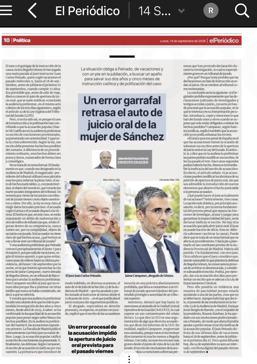 ErnestoEkaizer's tweet photo. APUNTE Curiosidad. Los medios esperaban el auto de juicio oral del juez Peinado contra Begoña Gómez. Y no ha llegado el viernes como debía. En El Periódico explicamos que la acusación incumple la ley y que el juez tiene un serio problema. 
¿Y los demás diarios? ¿Esperan sentados? https://t.co/LqMHCLOPXe