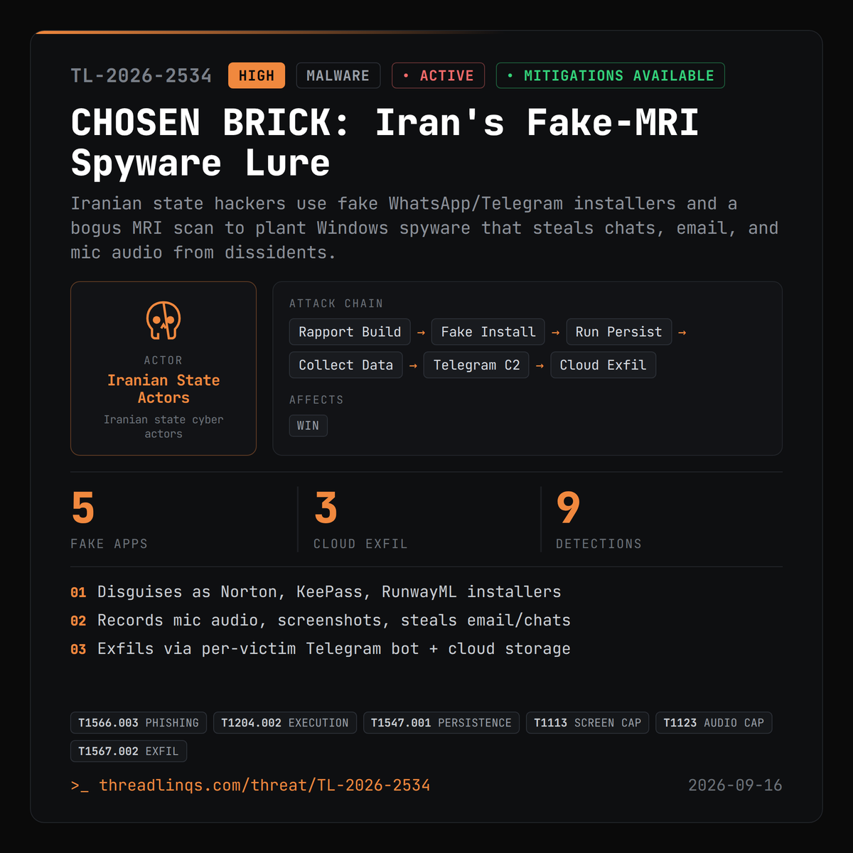 threadlinqs's tweet photo. Iranian spies sent a fake MRI scan to plant Windows spyware that records your mic and screen. https://t.co/QFzTVz79XV #ThreatIntel #CHOSEN #HEAVYGRAM #telegram https://t.co/wP1NR9PlyY