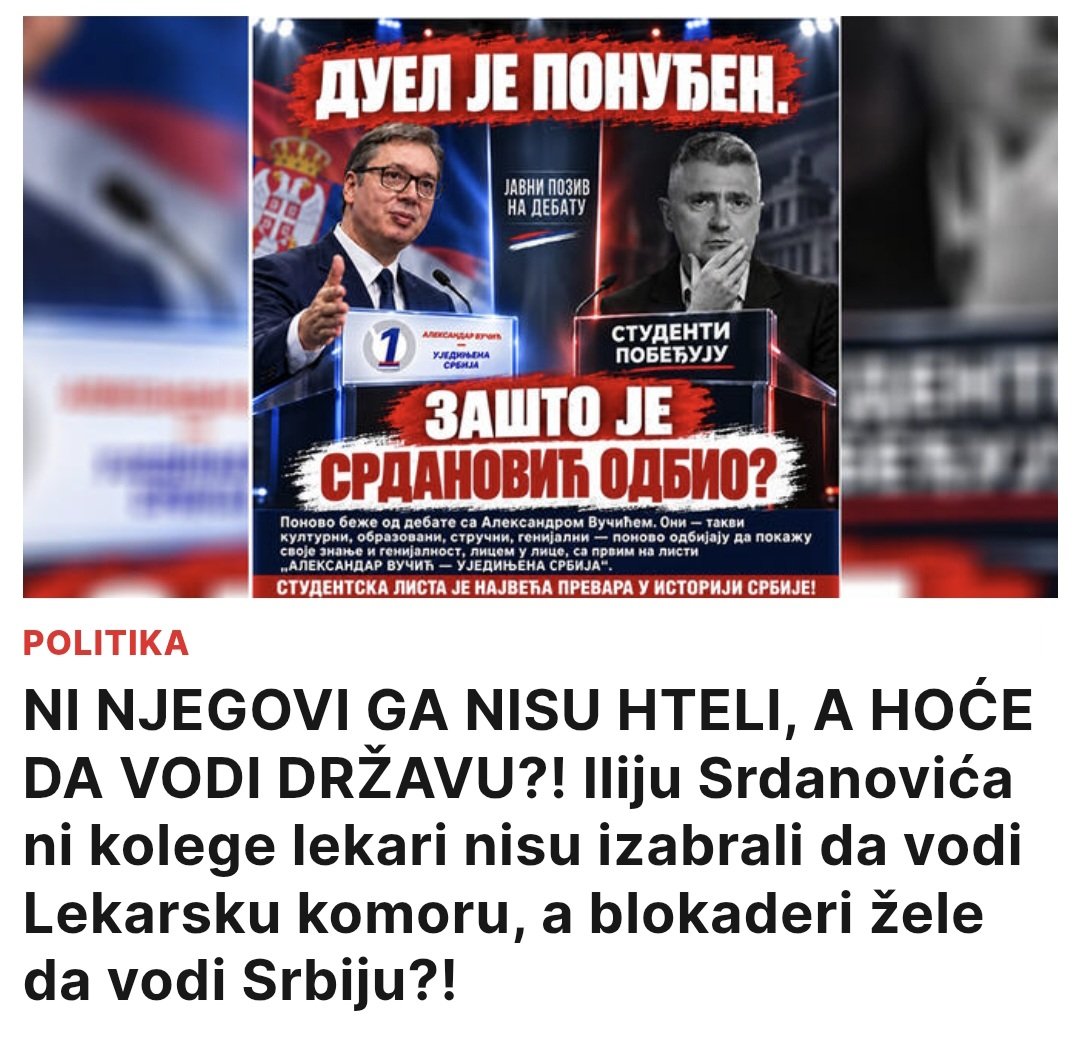 DraganaGaga0803's tweet photo. Ni svoje kolege nije uspeo da ubedi da ga izaberu na čelo Lekarske komore, a sada bi da vodi celu Srbiju. Ako nema podršku u sopstvenoj struci, otkud pravo da se predstavlja kao izbor za celu državu?
#srbija #izbori #srbijaprotivblokada https://t.co/4hIg1RbZjU