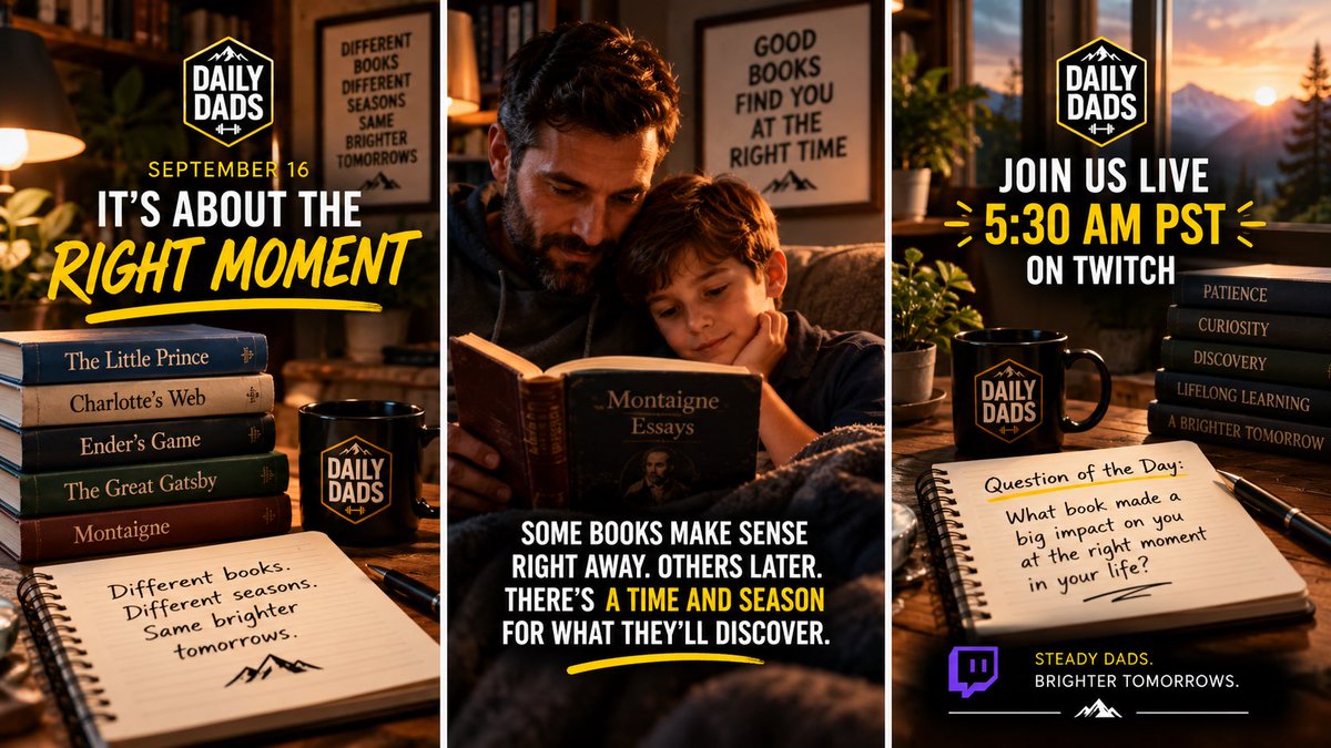 MyDailyDads's tweet photo. WE’RE LIVE!
Today on Daily Dads: The Right Moment.
Not every lesson has to land today. Sometimes parenting means planting the seed and having enough patience to let it take root when they’re ready.
#DailyDads #Parenting #Patience
@DRouzaud @FaithIronFit @Beuks605
@DylanRayDotETH