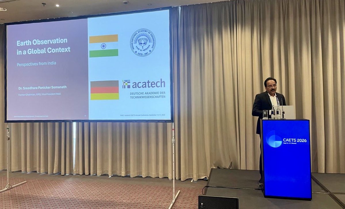 SomanathSpeak's tweet photo. Happy to be at CAETS, the meeting of national engineering academies from around the world, in Munich, Germany, from 14–17 September, attending as VP of INAE responsible for international engagements.
The theme, “Earth Observation and Disasters,” is highly relevant to building a resilient world. I presented India’s perspectives on Earth Observation, with a focus on disaster management.
The way forward is multi-sensor observations, higher revisit through satellite constellations, simulation and prediction models, and rapid delivery of actionable intelligence.

Global collaboration through joint missions and sharing data across platforms is essential for better disaster preparedness, early warning and timely response.
From observation to prediction, and from data to action: Earth Observation must serve resilience and humanity.
#SomanathSpeak
#INAE