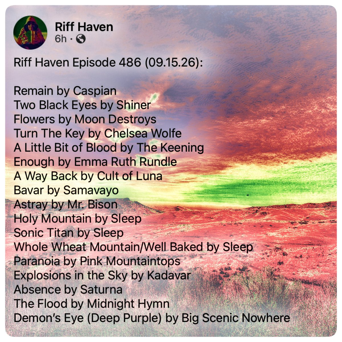 RiffHaven's tweet photo. #Riffhaven #Caspian #Shiner #MoonDestroys #ChelseaWolfe #TheKeening #EmmaRuthRundle #CultofLuna #Samavayo #MrBison #Sleep #PinkMountaintops #Kadavar #Saturna #MidnightHymn #BigScenicNowhere https://t.co/E4bBa39ur6