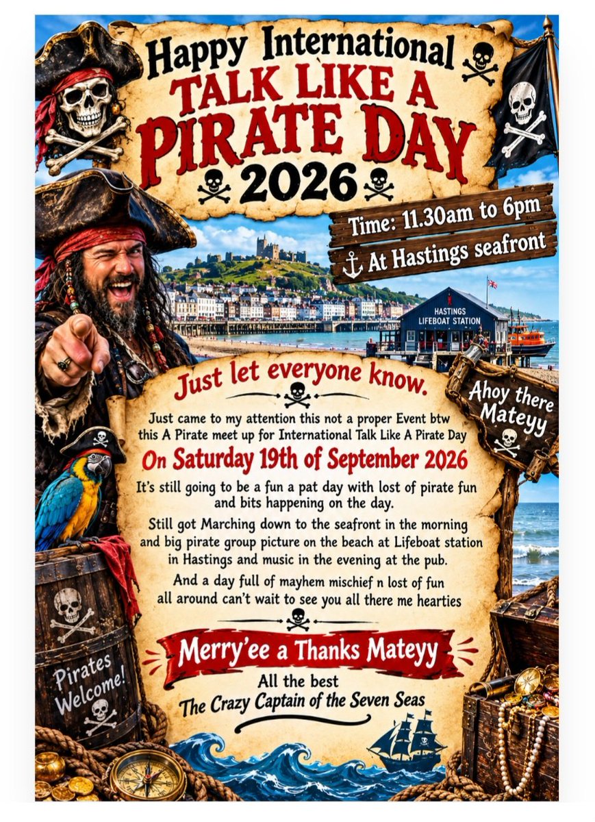 CrazyDisguise's tweet photo. #crazycaptain #reallifepirates #meetupday #Talklikeapirateday #talklikeapirateday2026 #Hastingsbeach #hastingspier #Hastings #pirateentertainment #pirateuk #Pirateforhire #internationaltalklikeapirateday2026 #internationaltalklikeapirateday #piratesofthecaribbean https://t.co/d5LdiCC0Wj
