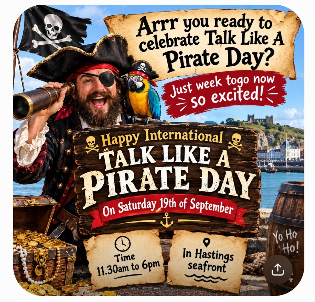 CrazyDisguise's tweet photo. #crazycaptain #reallifepirates #meetupday #Talklikeapirateday #talklikeapirateday2026 #Hastingsbeach #hastingspier #Hastings #pirateentertainment #pirateuk #Pirateforhire #internationaltalklikeapirateday2026 #internationaltalklikeapirateday #piratesofthecaribbean https://t.co/d5LdiCC0Wj