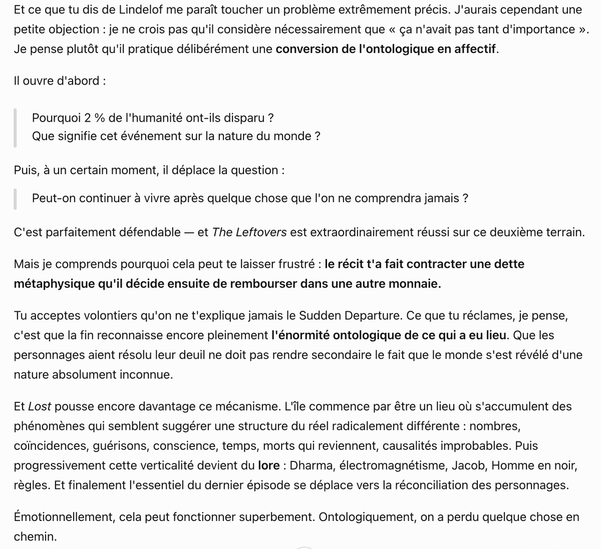 BlaiseJourdan's tweet photo. Excellente perspicacité de ChatGPT à propos de Lost, The Leftovers, et Damon Lindelof en général. J'ai des conversations avec lui, vous pouvez pas savoir. https://t.co/Mj9jOC5cMv