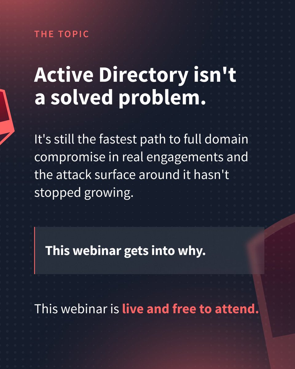 tryhackme's tweet photo. Active Directory isn't a solved problem and this free webinar gets into exactly why. 🔓 Stefan and Andrea are going live 18 September to break down the real attack surface. Free to attend. Jump in on the day via the link 👉 https://t.co/KuMZxK2vFW https://t.co/bhCe5ESKGP