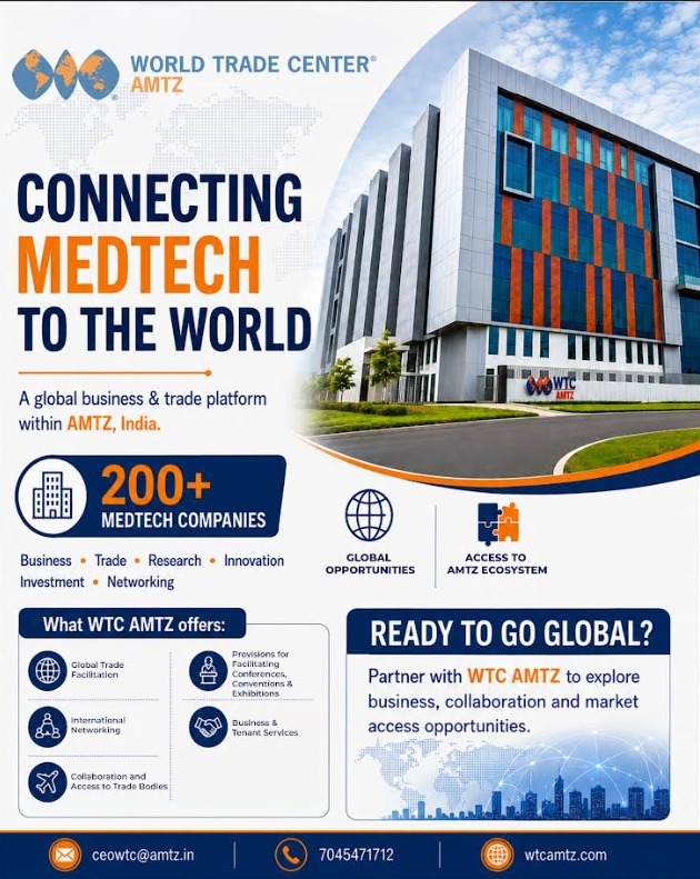 wtcamtz's tweet photo. ✨Connecting MedTech to global markets.

✨Established in 2023 within @AP_MedTechZone, WTC AMTZ is a global business &amp; trade platform connecting 200+ MedTech companies with international businesses and opportunities.

✨Connect with @wtcamtz.

📧 ceowtc@amtz.in | 📞 7045471712 https://t.co/mcj7v57HSk