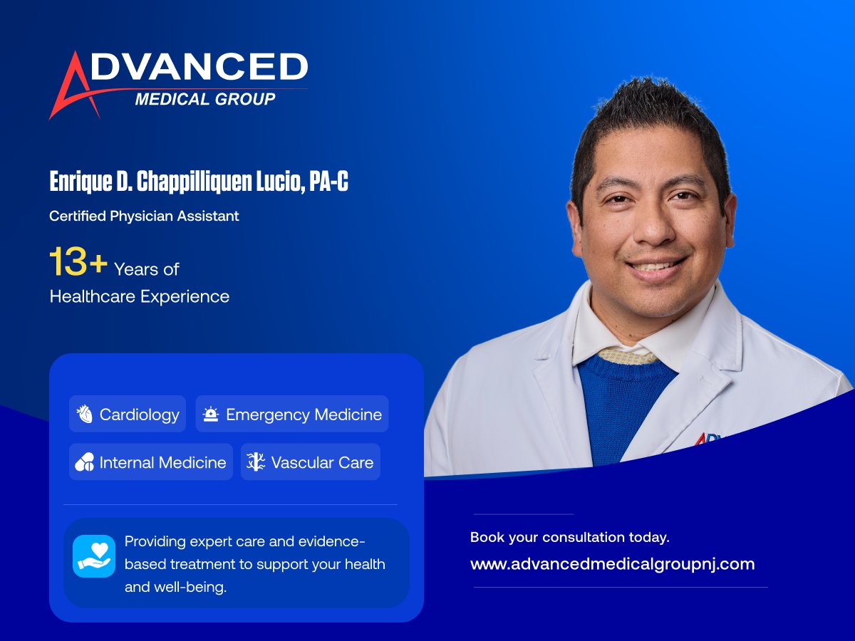 AdvancedMedGrp's tweet photo. Meet Enrique D. Chappilliquen Lucio, PA-C, a Certified Physician Assistant with over 13 years of healthcare experience .

Book your appointment with Advanced Medical Group today and take the next step toward better health.

#advancedmedicalgroup #patientcare #healthcare https://t.co/NK6v32pt0L