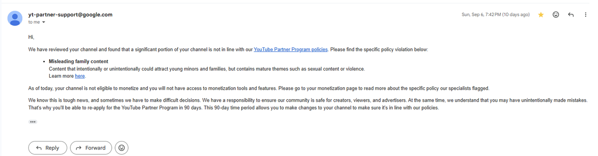FImaginaryStory's tweet photo. It's been 10 days since this email from @TeamYouTube @YouTubeCreators, and still zero response after my appeal rejection.

My channel F Imaginary Story makes 2D adult horror (set to Not Made for Kids). This automated error is hurting my animation studio &amp; team! Please review! 🙏 https://t.co/NTPguAwcab