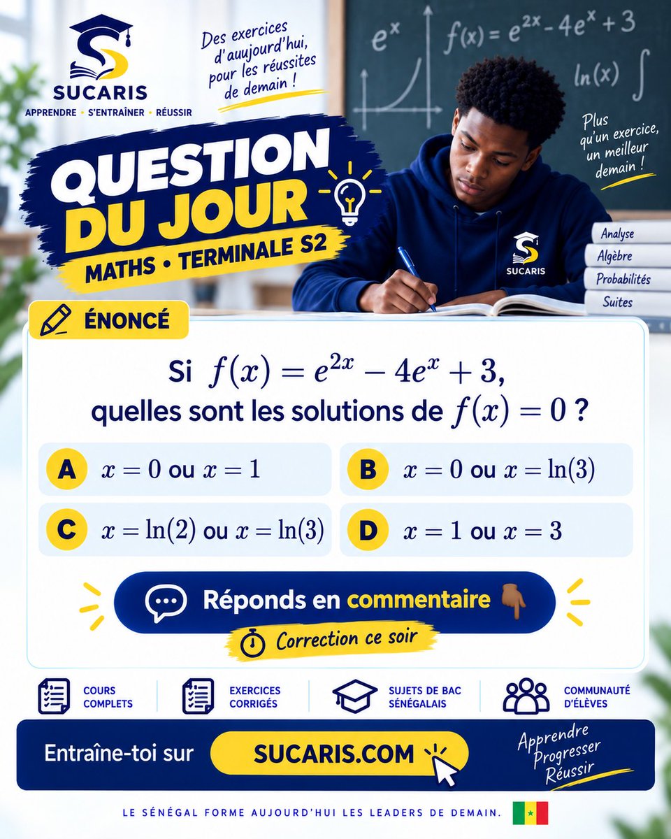 Sucaris_'s tweet photo. 🧠 QUESTION DU JOUR | Maths – Terminale S2

Tu saurais trouver la bonne réponse sans regarder ton cours ? 👀

A, B, C ou D ?

Réponds en commentaire 👇🏾

✅ Correction demain.

#Sucaris #Maths #TerminaleS2 #Bac2027 #Senegal https://t.co/0bjFqZb1cJ