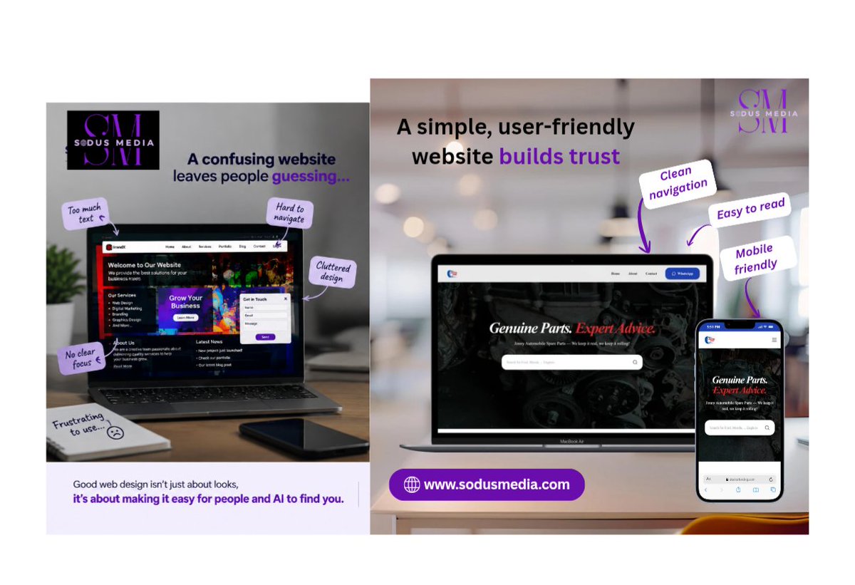 SodusMedia's tweet photo. A beautiful website can still confuse people.

Good design isn't just about looking good.

It should help users know:
Where to go. What to do. Why to trust you.

📧 info@sodusmedia.com
🌐 https://t.co/JpWJexOWol

#UXResearch #WebDesign #DigitalIdentity #WebsiteDev #SodusMedia https://t.co/JoeoXNw3nq