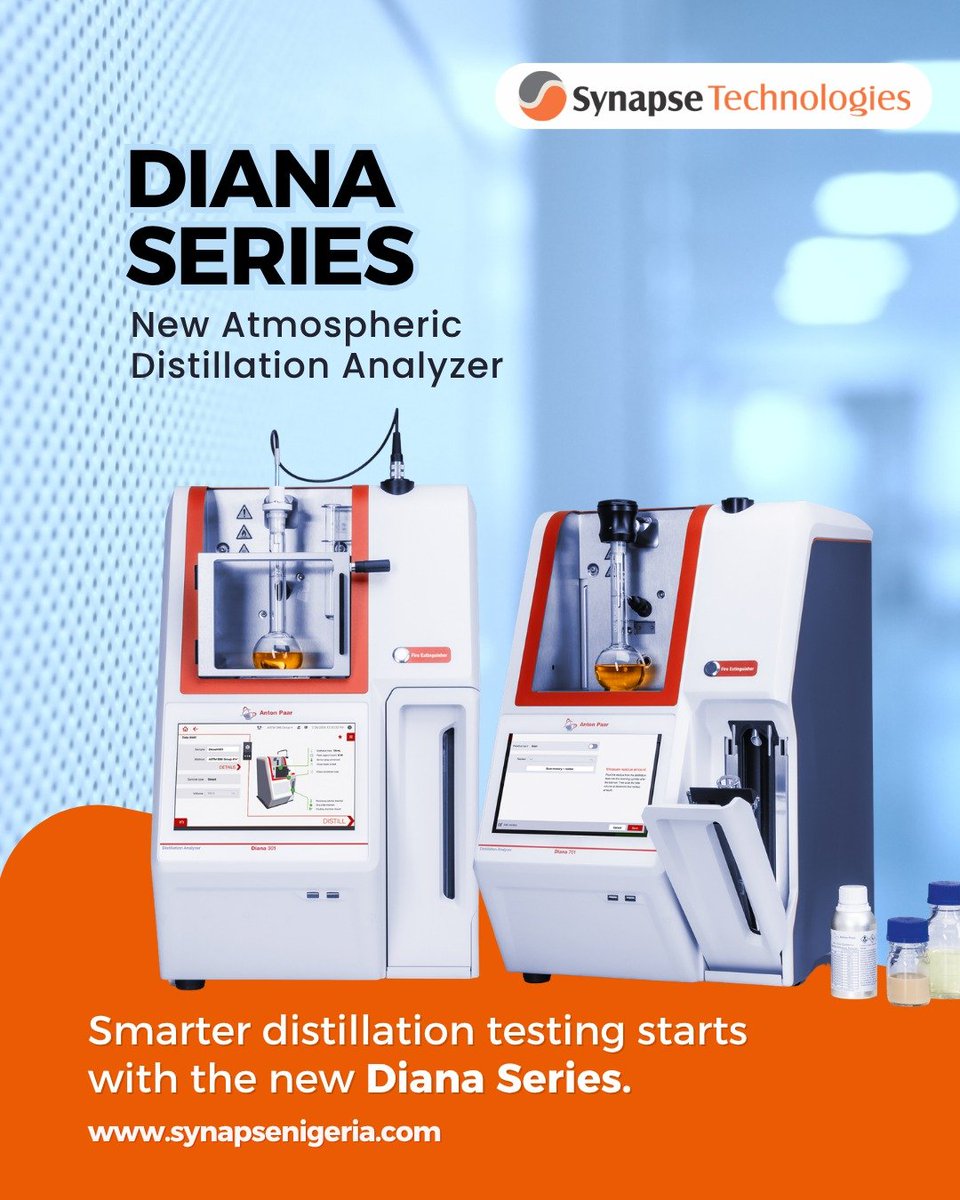 SynapseTechNg's tweet photo. 🆕 Smarter distillation testing starts with the new Diana series.

The Diana series automates boiling-range analysis for petroleum, petrochemical and solvent applications, helping reduce manual effort  https://t.co/39MS34aEaB https://t.co/H5Rgq9t85l