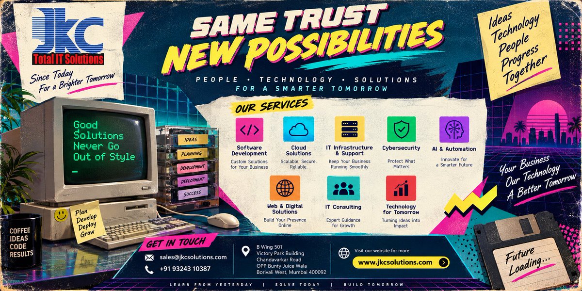 jkcsolution's tweet photo. Technology keeps changing — but great IT solutions never go out of style. 🚀

At JKC Total IT Solutions, we help businesses build, secure, automate, and grow with modern technology.
Yesterday’s experience. Today’s technology. Tomorrow’s possibilities. 🚀
#JKCSolutions https://t.co/QfyCGBTQld