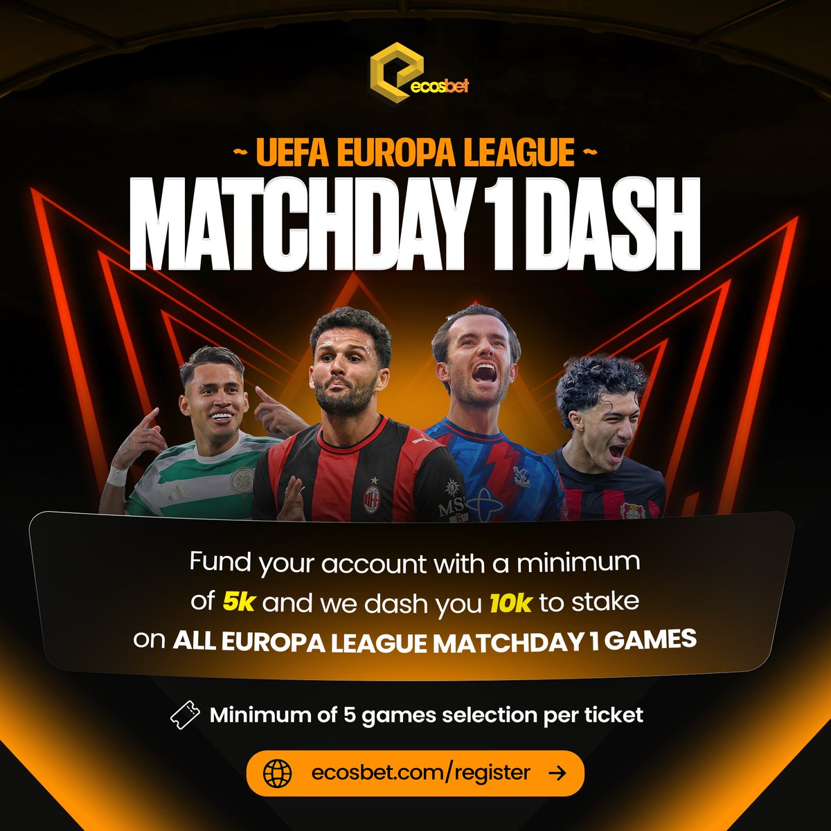ecosbet's tweet photo. Ecosbet Europa League MatchDay1 Dash! Fund ur account with a minimum of 5k and get 10k to stake on all Matchday 1 games! Minimum of 5 game selections per ticket https://t.co/jYA0DPEjbf https://t.co/VD6L1GzhNd