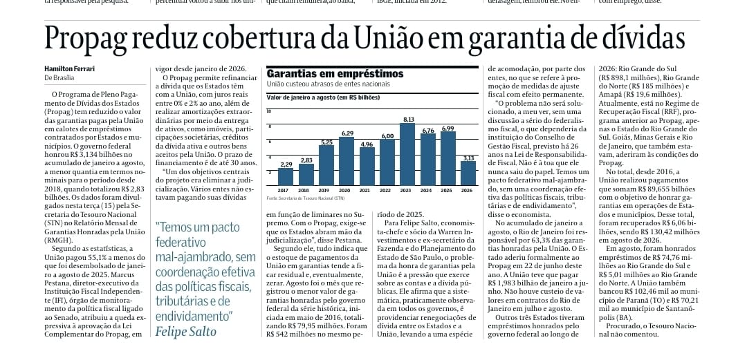 IFIBrasil's tweet photo. O diretor-executivo da #IFI, @marcus_pestana, atribuiu a queda expressiva à aprovação da Lei Complementar do Propag, em vigor desde janeiro de 2026. @FerrariHamilton conta mais. 

https://t.co/BuacPDYkp5 https://t.co/qIJCxQKdl0