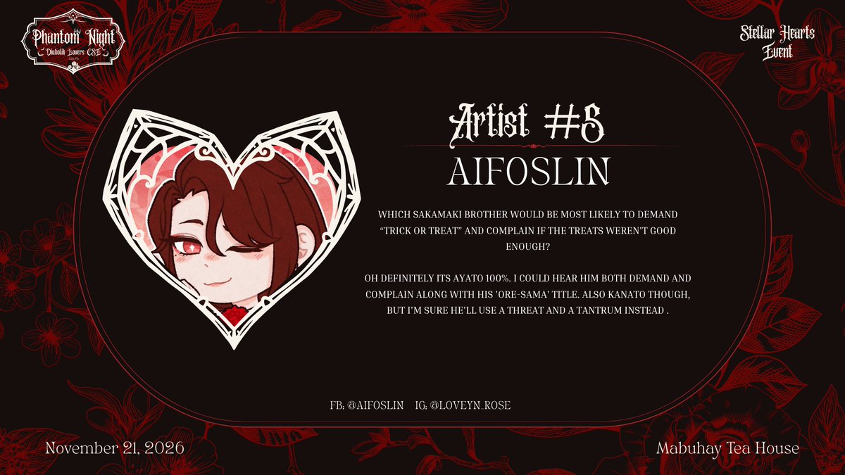 StellarHeart143's tweet photo. The night grows darker, and the manor welcomes another creative soul ๐ฆ
Our 6th artist let's welcome Aifos Lin with every stroke of their brush, the world of Diabolik Lovers becomes even more hauntingly beautiful ๐ฉธ
#PhantomNightDiabolikLoversCSE #cupsleeveevent #DLPhantomNight https://t.co/4cI14PBoQP