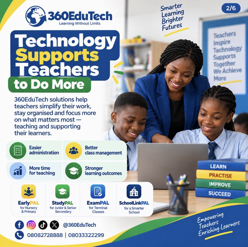 360EduTechNG's tweet photo. Educational technology isn’t here to replace teachers, it’s here to help them do even more.

With EarlyPAL, StudyPAL, ExamPAL and SchoolLinkPAL, 360EduTech supports teachers, learners and schools with smarter tools for learning, assessment, exam preparation and school operations. https://t.co/c85uxuXh7x
