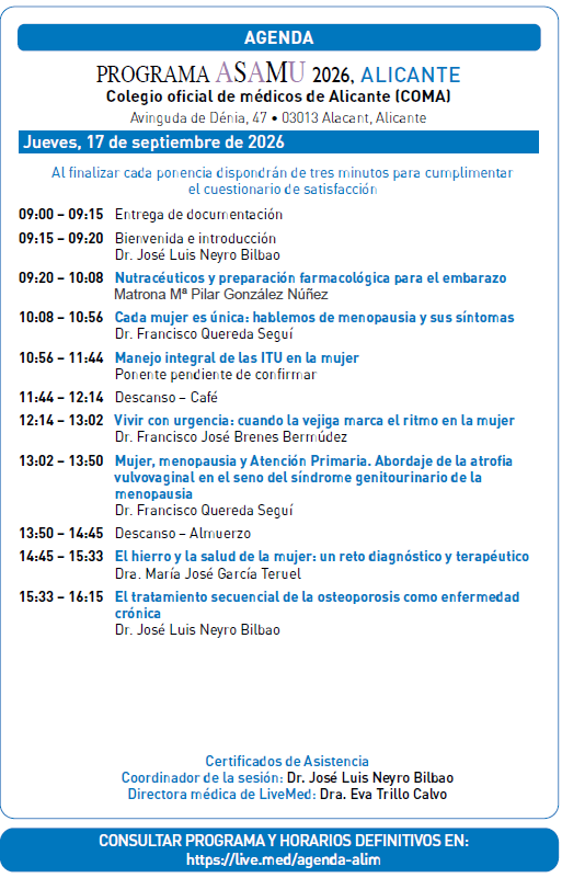 doctorneyro's tweet photo. Todavía estás a tiempo de #inscripción en @LivemedIberia porque empezamos en #1hora en la sede del #ColegiodeMédicos de #Alicante.
Te dejo el #programacientífico el curso de #Actualización en #saludelamujer.
#ASAMU
https://t.co/y5mDWkH2JR https://t.co/OcVDdbYQfP