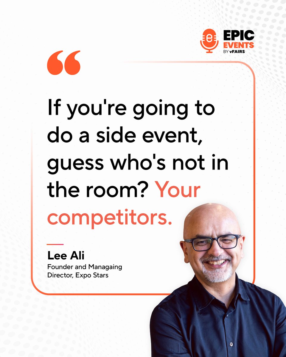 vfairs's tweet photo. Everyone talks about post-show follow-up. Almost nobody talks about who's in the room during the event itself.

Lee Ali's point: if you skip the side dinner, your competitors don't.

New episode of EpicEvents is live 🎙️https://t.co/TU1RmDsGPB https://t.co/e9iwiyN8As