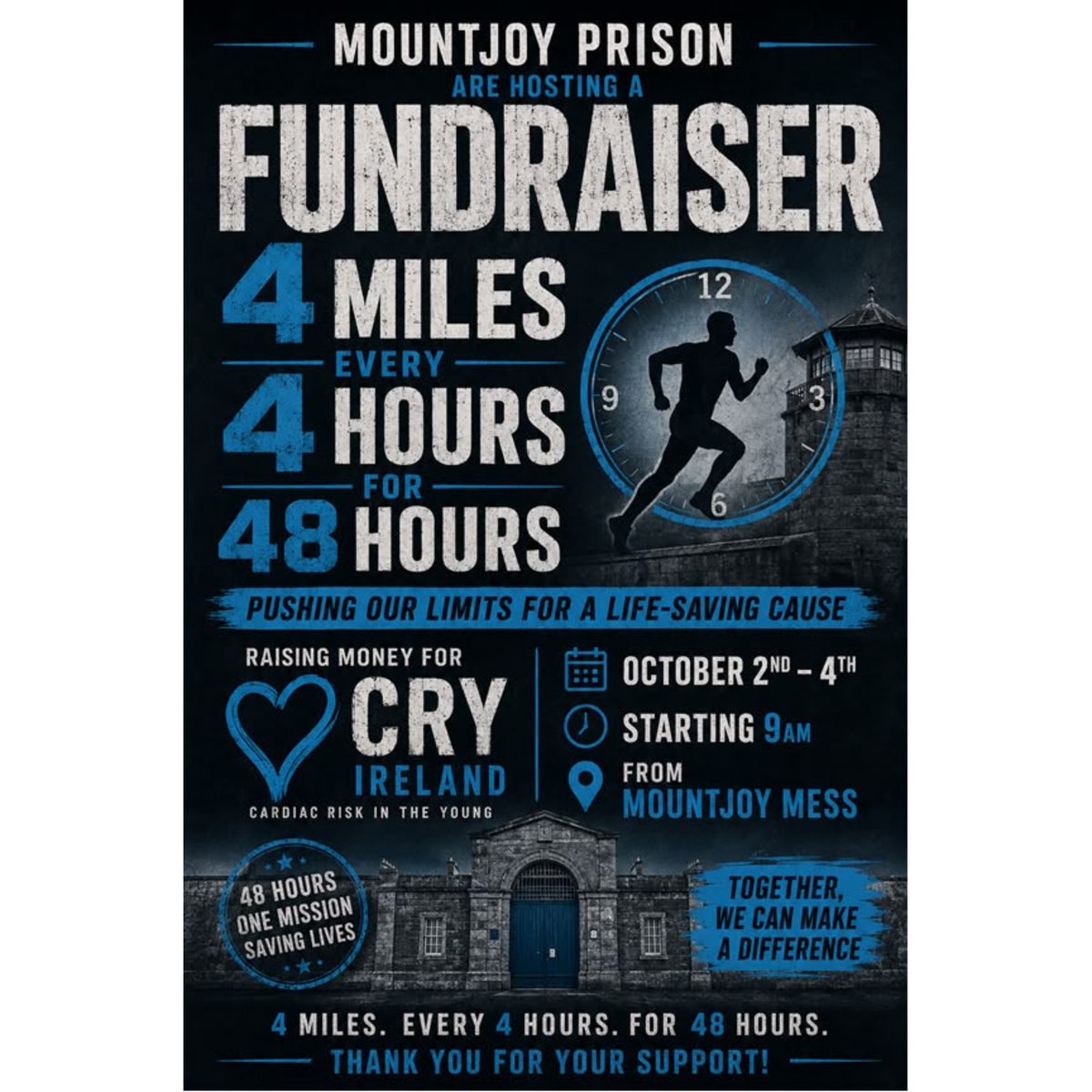 CRYIre's tweet photo. 4 Miles
every
4 Hours
for
48 Hours

#RememberingBarry
in aid of https://t.co/XLcLmO3mSA
Huge thanks to the Irish Prison Service for their support for our work. https://t.co/5h5SIHRQeP