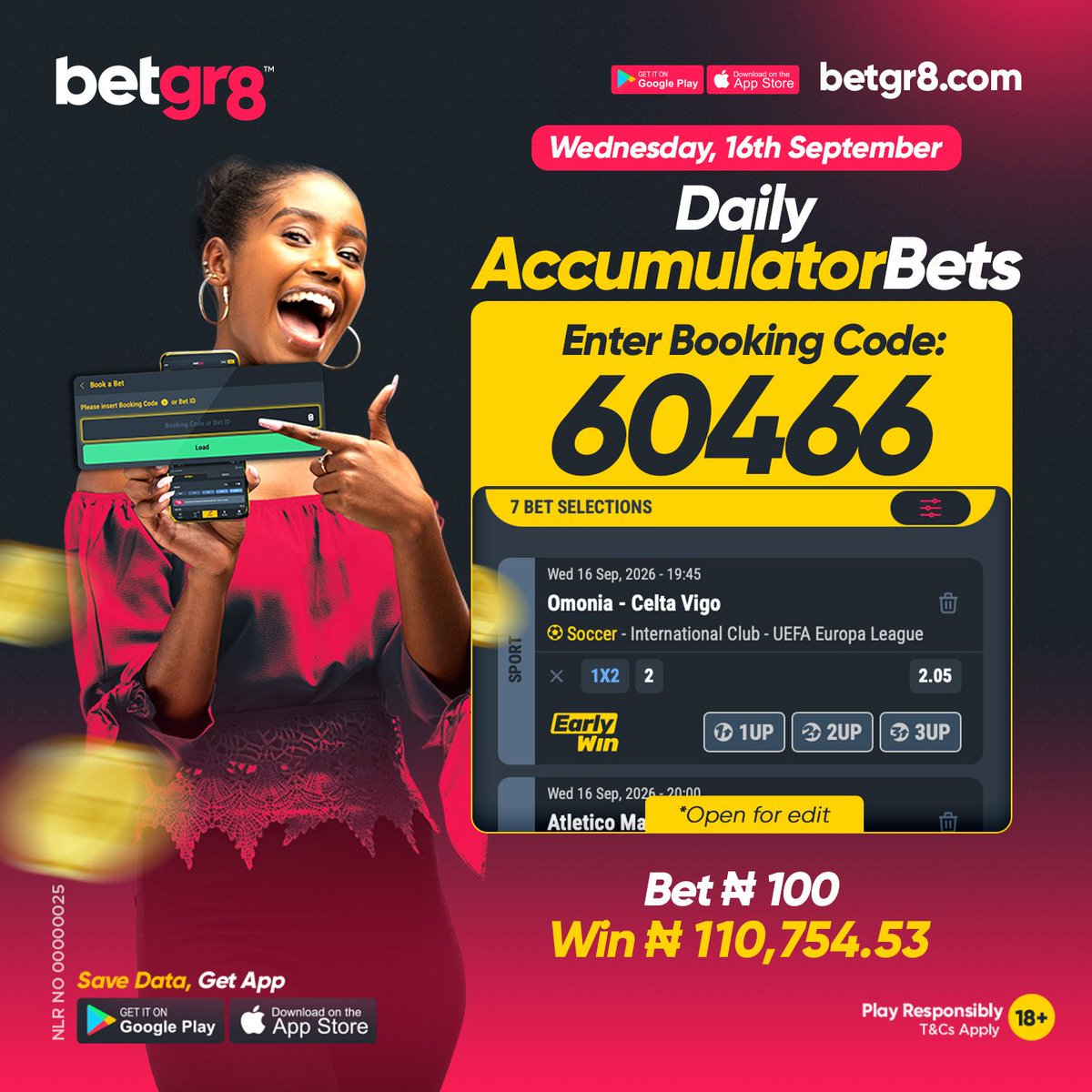 Betgr8Nigeria's tweet photo. TUESDAY'S Booking Code is LIVE!
Load it up, tweak your picks, and stake to lock in the WINS!
๐ Code: ๐๐๐๐๐
๐ https://t.co/F7fwNVyS20
Be Great, Bet GREAT!
18+ | #Betgr8 #BoostedOdds #BookingCode #Begr8 https://t.co/VzX8ahsZCn