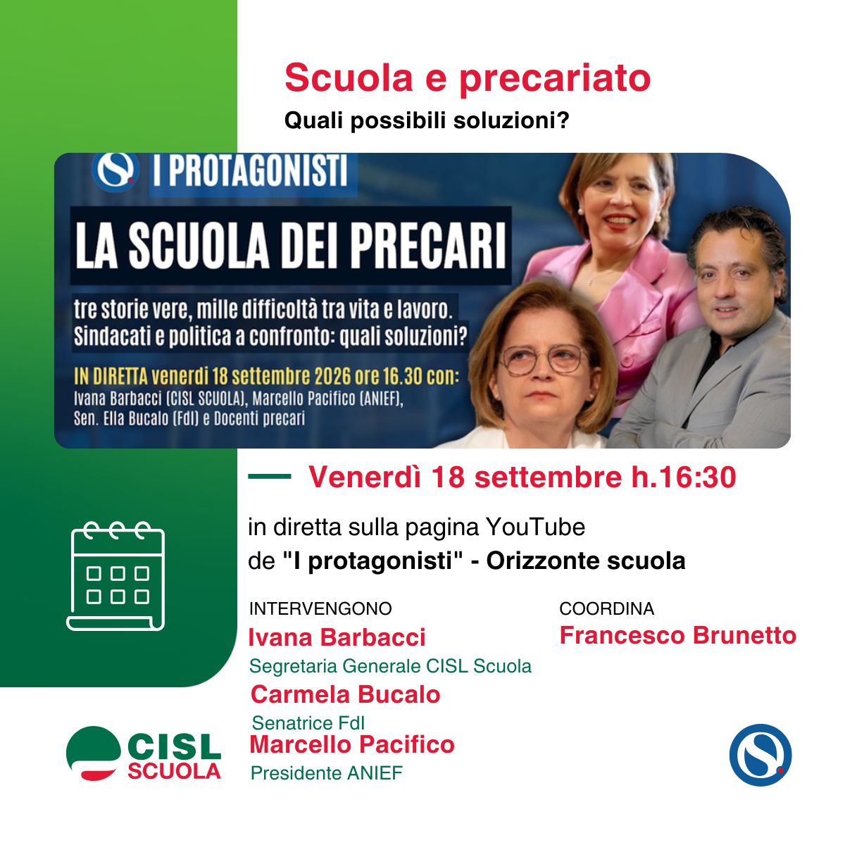 cislscuola's tweet photo. 📖C'era una volta il #precariato... e ancora c'è. Anche nella #scuola. 

🎤Sulle possibili soluzioni al fenomeno si confrontano @IvanaBarbacci, segretaria generale della #CISLScuola, la senatrice #CarmelaBucalo (#FratellidItalia) e #MarcelloPacifico (presidente @ANIEF) venerdì 18 settembre alle 16.30, nel corso della diretta prevista nella rubrica "#IProtagonisti" dedicata a "#Lascuoladeiprecari", in onda sul canale YouTube di @orizzontescuola.

Il coordinamento è a cura di #FrancescoBrunetto. 
Clicca il link per accedere alla news e alla diretta 👉 https://t.co/nhMOF5gdUk