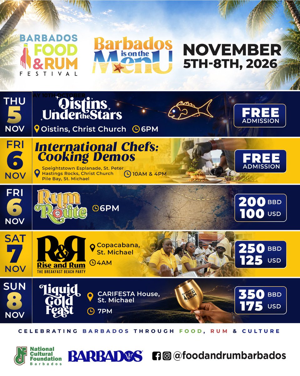 NCFBarbados's tweet photo. Foodies, it's moment you’ve been waiting for... Tickets for the 2026 Barbados Food &amp; Rum Festival are officially on sale 🎉

Barbados is on The Menu from November 5-8, with the ultimate celebration of Bajan flavours, rum, and culture as part of our 60th Independence celebrations. https://t.co/GmQCt4z8eS