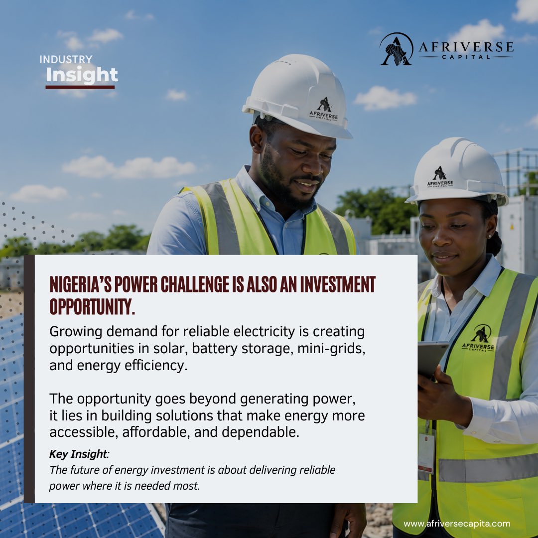 Afriversecap's tweet photo. Nigeria’s power challenge is also an investment opportunity. ⚡

From solar and battery storage to mini-grids, innovative energy solutions are reshaping Nigeria’s power landscape and creating opportunities for sustainable growth.

#AfriverseCapital #IndustryInsight https://t.co/8kFeEPeznr