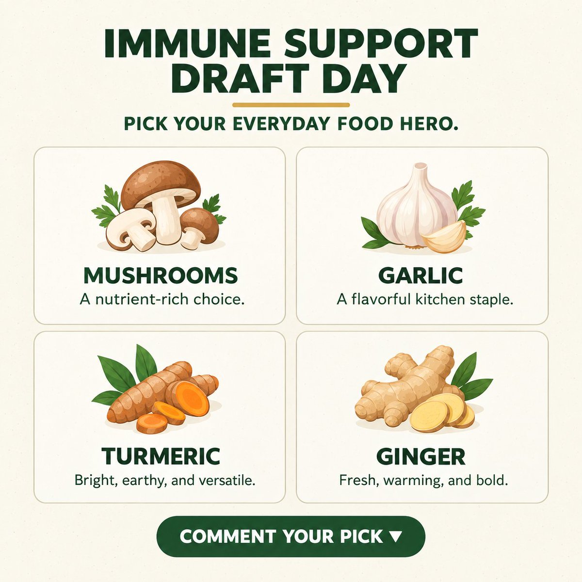 bonsai_handmade's tweet photo. 🛡️ IMMUNE SUPPORT DRAFT DAY!
If you could pick ONE everyday food, which would you choose? 👇
🍄 Mushrooms
🧄 Garlic
🟠 Turmeric
 🫚 GingerOnly ONE! 👀 Comment your pick!🎥 Watch the science:
https://t.co/Zc8W98OwLk

#FoodDecoded #ImmuneSupport https://t.co/p1ukqzinZZ