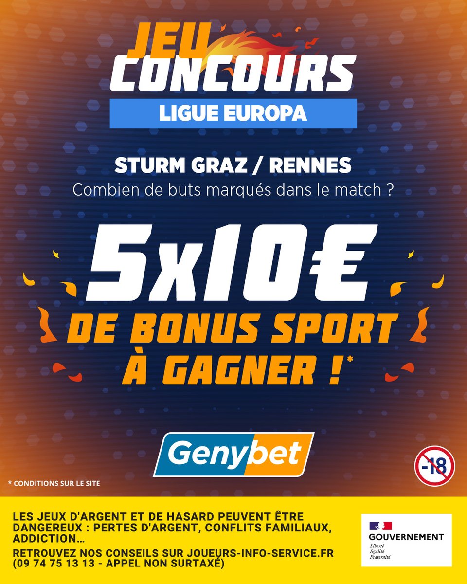 Genybet_Sport's tweet photo. 🚨 𝑱𝑬𝑼-𝑪𝑶𝑵𝑪𝑶𝑼𝑹𝑺
5 x 10 € de Bonus sport à gagner 💸

Sturm Graz / Rennes : Combien de buts marqués dans le match ?

➡️ RT + Like + Follow @Genybet_Sport
➡️ Réponse en commentaire AVEC pseudo

🔚 16/09 à 20h59
🗳️ 18/09 https://t.co/btUGOw1pJv