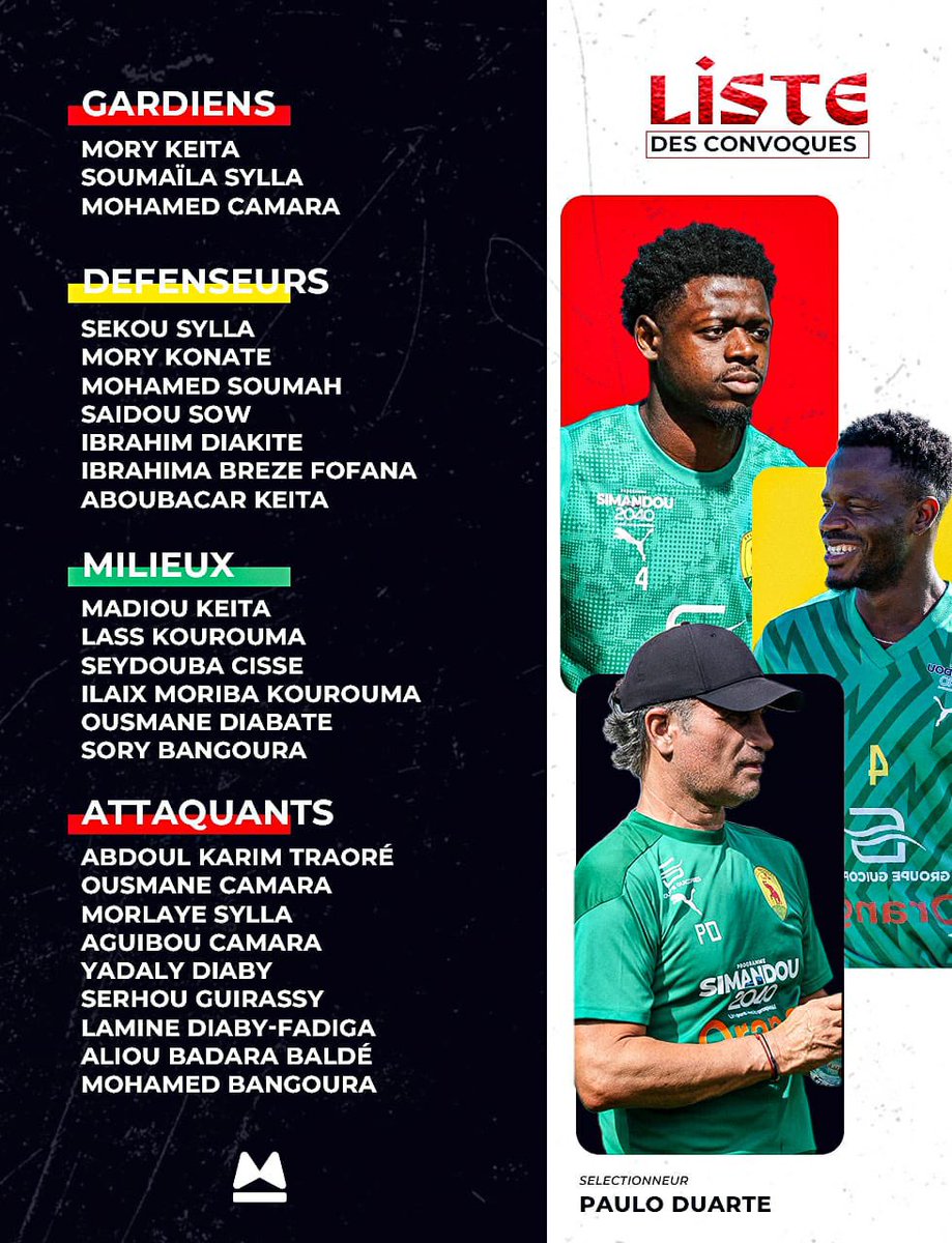 MedSesayMS's tweet photo. 🚨OFFICIEL : PAULO DUARTE DÉVOILE SA LISTE DES 25 !
Le sélectionneur a dévoilé les joueurs retenus pour les 2 1ères journées des éliminatoires de la CAN 2027. Moriba signe son retour, tandis que Naby Keïta, Issiaga Sylla, Mady Camara et Bayo sont absents.
#medsesay #MS25 https://t.co/H6MjV6XgoX