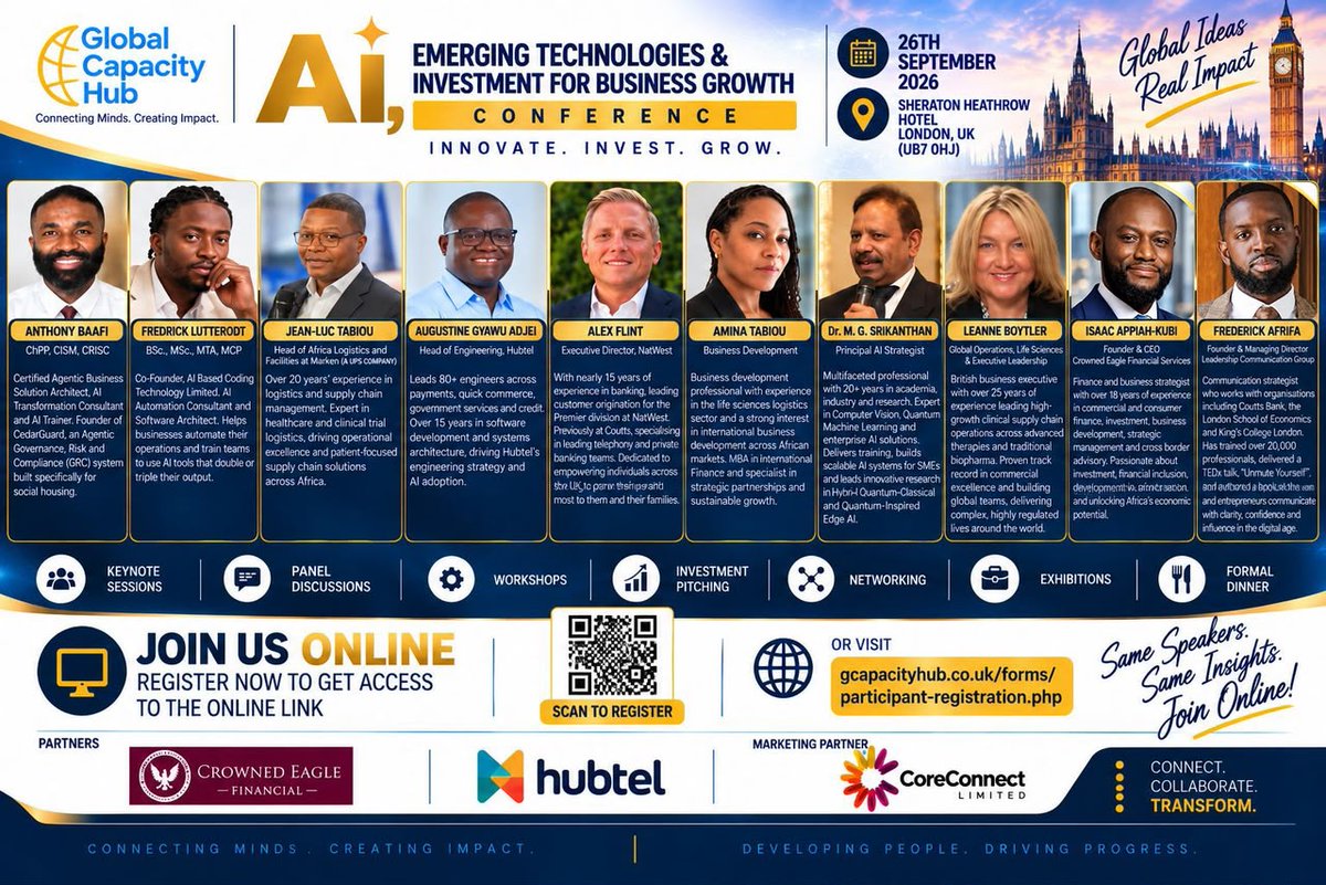 gcapacityhub's tweet photo. Join the Global Capacity Hub Conference on 26 Sept 2026.🎟️ FREE via Zoom
📜 Certificate for all registered participants
📍 London + Online
Top investors &amp; AI experts will show you how to 2x your business!
Register now 👉 https://t.co/wk0z9bwuiP
#AI #TechConference #BusinessGrowth https://t.co/A1cfBdyevW