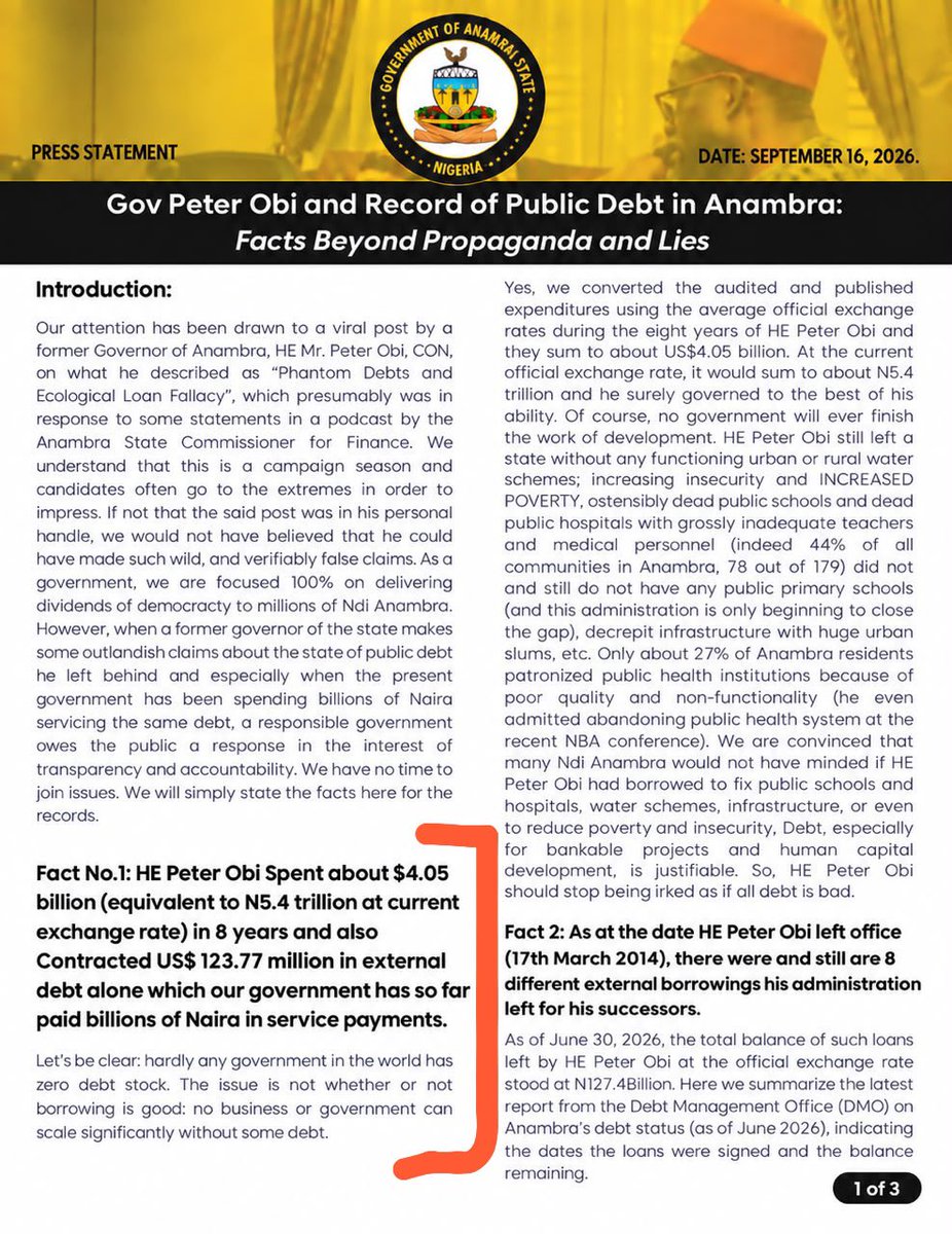 AnambraNewMedia's tweet photo. 1/1

Spending and Debt: The government says Peter Obi spent about $4.05 billion (about N5.4 trillion at current rates) in his 8 years, and contracted US$123.77 million in external debt alone. It argues that borrowing is not bad if used for development. https://t.co/R4hHEZZ5PR