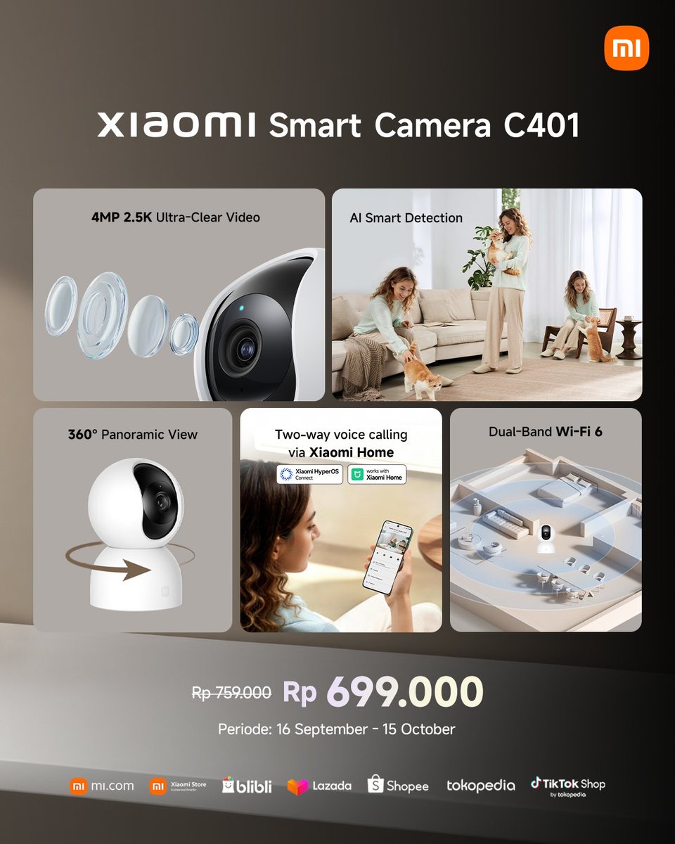 XiaomiIndonesia's tweet photo. Your smart home guardian! 

Sekarang gak perlu lagi khawatir saat harus meninggalkan rumah! Dengan Xiaomi Smart Camera C401, kamu bisa tetap memantau rumah dengan lebih tenang, kapan pun dan di mana pun.

Dilengkapi 4MP 2.5K Ultra-Clear Video, AI Smart Detection, dan 360° Panoramic View, #XiaomiSmartCameraC401 siap jadi penjaga rumah setiap saat.

Sudah bisa kamu dapatkan di seluruh Official Store Xiaomi Indonesia & partner resmi kami. Jangan sampai ketinggalan penawaran menariknya!

#XiaomiIndonesia
