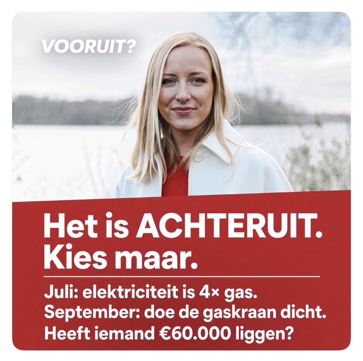caelisangelus's tweet photo. 🇧🇪 Winter is coming: de nachtmerrie is nóg erger geworden.

Melissa Depraetere, het Tinne Van der Straeten-vervolg dat niemand wil zien. 

Deze keer gaat het om de warmte in huis.
Heeft iemand €60.000 op overschot liggen?

Als je denkt dat het in België niet erger kan, vergis je je. Bovenop een van de zwaarste belastingdrukken van de OESO bereidt Vlaanderen nu een toekomst voor waarin winterwarmte niet langer vanzelfsprekend is.

Europa blijft het vergeten: hier doodt niet de hitte. Hier doodt het tekort eraan. De winter.

Tinne Van der Straeten zette eerst de kernuitstap vast. Advies om de centrales klaar te houden werd geschrapt of geparkeerd. Na Oekraïne bleek goedkoop gas een sprookje. Ze hield twee reactoren open en noemde dat haar idee. Doel 3 en Tihange 2 zijn na destructieve staalnames zo goed als dood. De goedkope, vaste stroom is weg. 

De factuur bleef.

Melissa Depraetere is het volgende hoofdstuk. Zonder warmtenet in de meeste straten, zonder elektriciteitsnet voor miljoenen extra winterampères, en zonder huizen die een warmtepomp aankunnen, geeft ze Fluvius de opdracht om de afbouw van het Vlaamse gasnet voor te bereiden. 

Eerst de straten die al een warmtenet hebben of waar de meeste mensen al een warmtepomp hebben. Daarna kunnen de laatste gezinnen in een straat verplicht afgekoppeld worden. 

Op papier: klimaatneutraal in 2050. 

In huis: 2,4 miljoen gasaansluitingen, en ongeveer twee op de drie Vlaamse woningen verwarmen nog op gas.

Dit is geen klimaatpreek. Dit is een verwarmingsplan dat de meeste mensen niet kunnen betalen.

De Verenigde Staten draaien nog volop op fossiel. India en China ook. 

Vlaanderen moet “klimaatneutraal” zijn op een mediaan nettoloon van ongeveer €2.800–€2.900 per maand, met een energiefactuur van al snel €3.300 per jaar. Een groot deel daarvan is net, heffingen, accijnzen en btw. Je wordt belast op je loon, en daarna opnieuw op je warmte. Wat is de deugd van de braafste leerling als het klaslokaal koud is?

We hebben nu al geen betaalbare energie. Haar plan maakt het alternatief nóg minder betaalbaar.

Melissa plant een afbouw van het gasnet, straat per straat. Om dat te overleven heeft een gezin óf een warmtenet aan de voordeur nodig, óf een gerenoveerde schil plus een warmtepomp — en meestal nieuwe lage-temperatuurradiatoren of vloerverwarming — op een zwaardere elektriciteitsaansluiting.

Dakisolatie: €3.000–€8.000. Spouwmuurisolatie: €2.000–€7.000. Nieuwe ramen: €5.000–€15.000. 
Een lucht-waterwarmtepomp: €10.000–€22.000 geplaatst. 
Geothermie, als je zover gaat: €18.000–€38.000. 
Tel lage-temperatuurradiatoren of vloerverwarming erbij en je bent nog eens €3.000–€10.000 kwijt.

Een realistisch pakket voor een gewone Vlaamse woning — dak, muren, ramen, lucht-waterpomp — komt vóór premies uit op ongeveer €20.000–€52.000. 

Met afgiftesysteem: €25.000–€60.000. 

De Vlaamse basispremie voor die pomp is ongeveer €1.500. Sinds 1 maart 2026 krijgen hogere inkomens geen premie meer voor dak, muren of ramen. 

Dat is geen overstap. Dat is een schuld van vijf tot zes cijfers op een nettoloon van ongeveer €2.800–€2.900 en een energiefactuur van €3.300 per jaar.

Wie elke klimaatdeadline nog als morele wet slikt, moet naar het huis kijken, naar het loon en naar de winter. 

Vlaanderen is niet klaar.

De test is geen slide voor 2050. De test is bevoorradingszekerheid en een factuur die mensen kunnen betalen. 

Faalt het plan op beide, dan is de doelstelling decoratie.

Terwijl Vlaanderen de afbouwkaart laat opstellen, bestudeert Wallonië nog of weggaan van fossiel gas überhaupt haalbaar is.