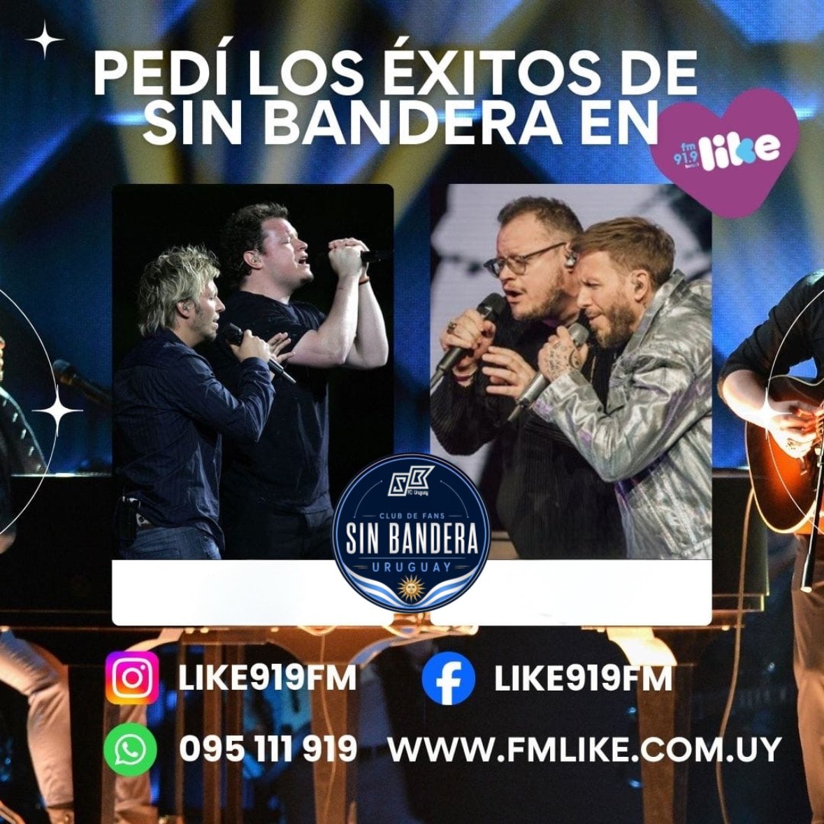 FCSinBanderaUru's tweet photo. Mitad de semana y siempre viene bien una canción de @sinbandera para acompañarla. 🎶
¿Cuál pedirías hoy para que suene en FM Like 91.9? 💙
@sinbandera @NoelSchajris @LeonelGOficial
@FCSinBanderaUru @NSVAM_Uruguay @FCNoMeSueltesUy
#sinbandera #uruguay https://t.co/Qy0IWhL1mu