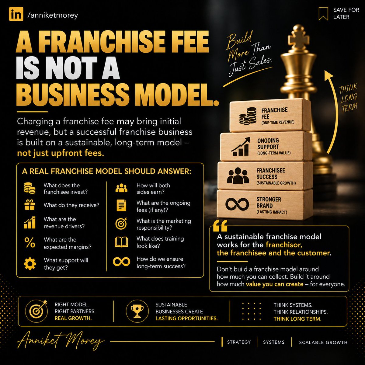 AnniketMorey's tweet photo. A franchise fee is not a business model.

A sustainable franchise model must work for:

Franchisee
Customer

Don't build franchising around how much you can collect.

Build it around how both sides can create sustainable value.

#Franchising #BusinessModel https://t.co/pds3pNgSnL