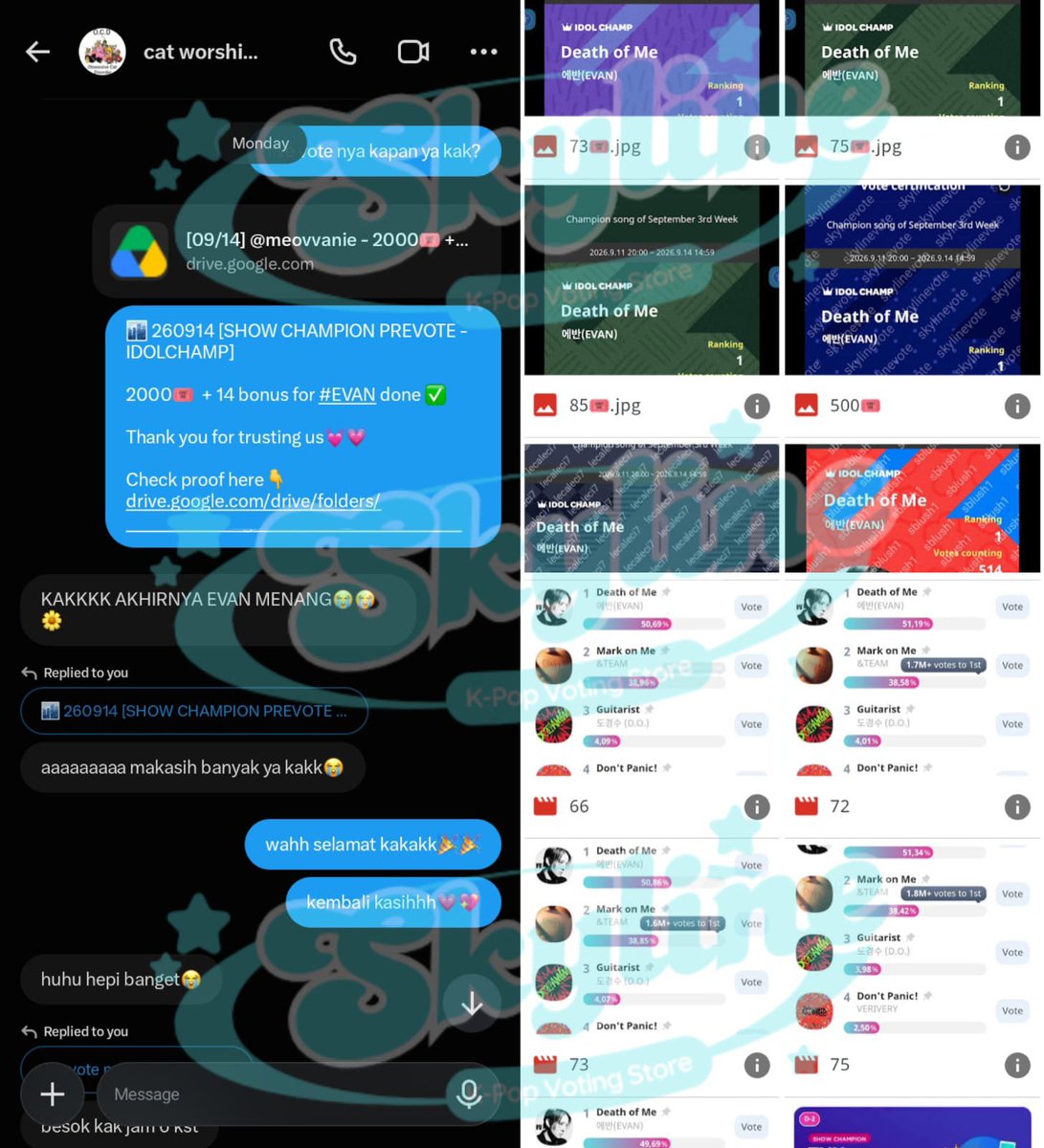 skylinevote's tweet photo. Thank you @meovvanie 💓 for purchase IDOL CHAMP tix at skyline🏙️
2000🎟️ + bonus for #EVAN
Show Champion Pre-Vote✅
#skylineproofs https://t.co/NEY1FtDbpJ