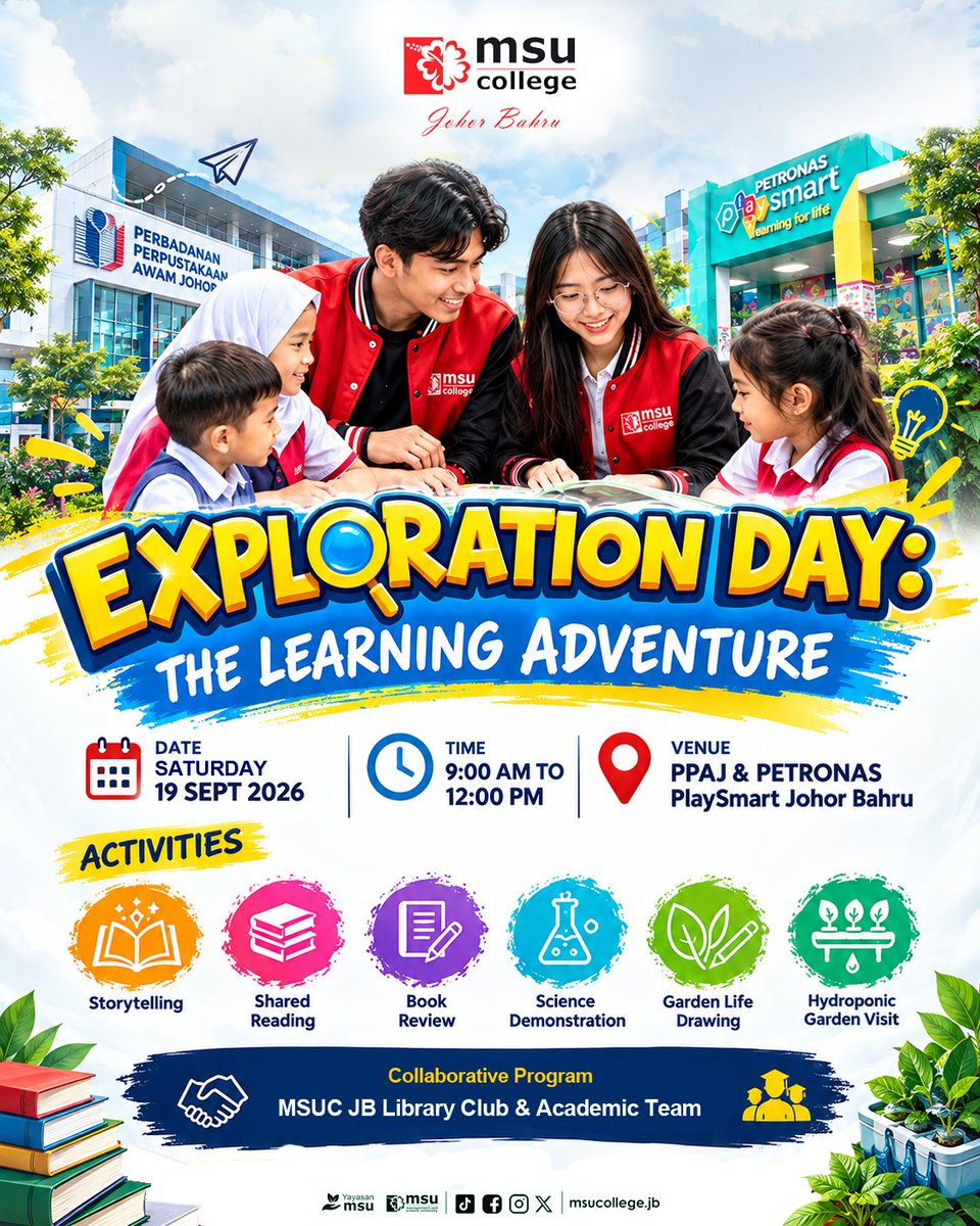 msuc_jb's tweet photo. Let the adventure begin! Join us this Saturday, 19 September 2026, for Exploration Day: The Learning Adventure! Enjoy exciting activities, create wonderful memories and discover the joy of learning together!

❤🌺
#MSUrians #MSUcollege 
#MSUMalaysia #MSUCollegeJohorBahru https://t.co/hIGQQSy6b1
