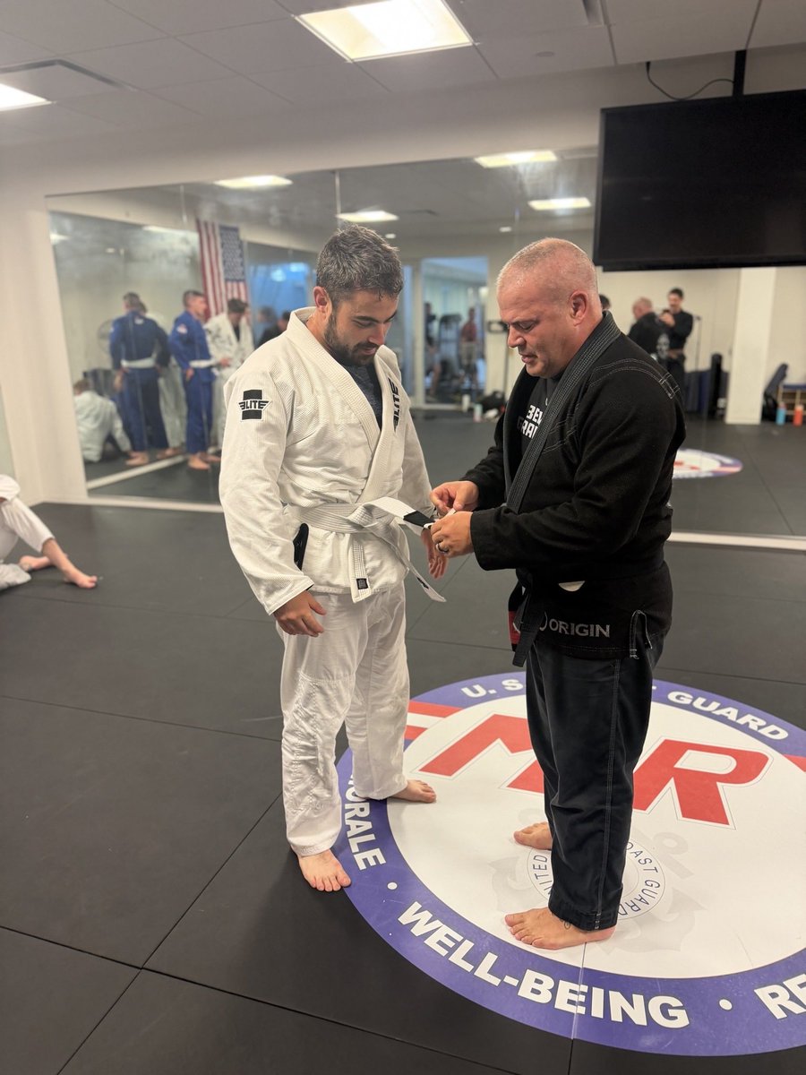 PollackHunter's tweet photo. One stripe on the white belt — my first BJJ promotion. Thankful to the Coast Guard and DC National Guard for letting me train and learn with them. https://t.co/PZFTwvw12N