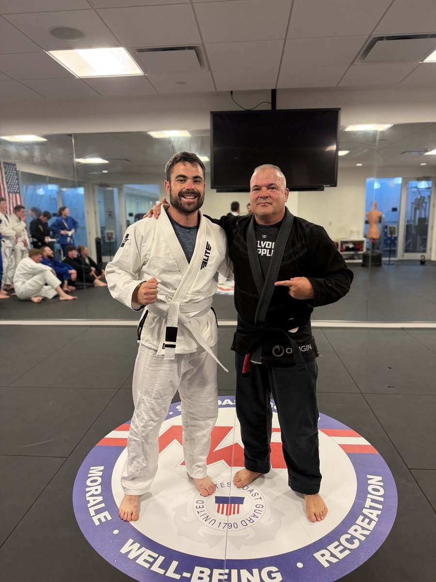PollackHunter's tweet photo. One stripe on the white belt — my first BJJ promotion. Thankful to the Coast Guard and DC National Guard for letting me train and learn with them. https://t.co/PZFTwvw12N